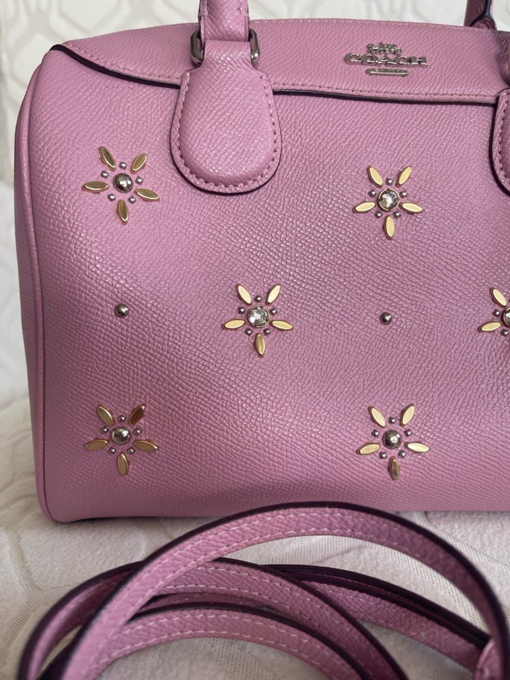 Coach Mini Benet Lilac Pink Tulip Floral crystal Stud Leather Satchel with Strap - Picture 5 of 10